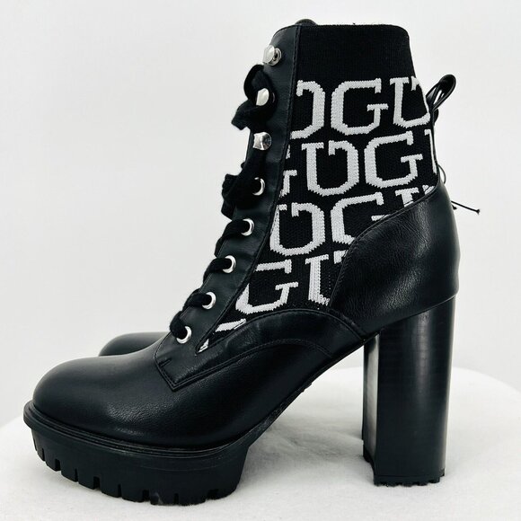 GUESS Women's Grows-R Ankle Boots Knit Logo Platform Black/White Size 8.5 NWOB - Picture 2 of 14